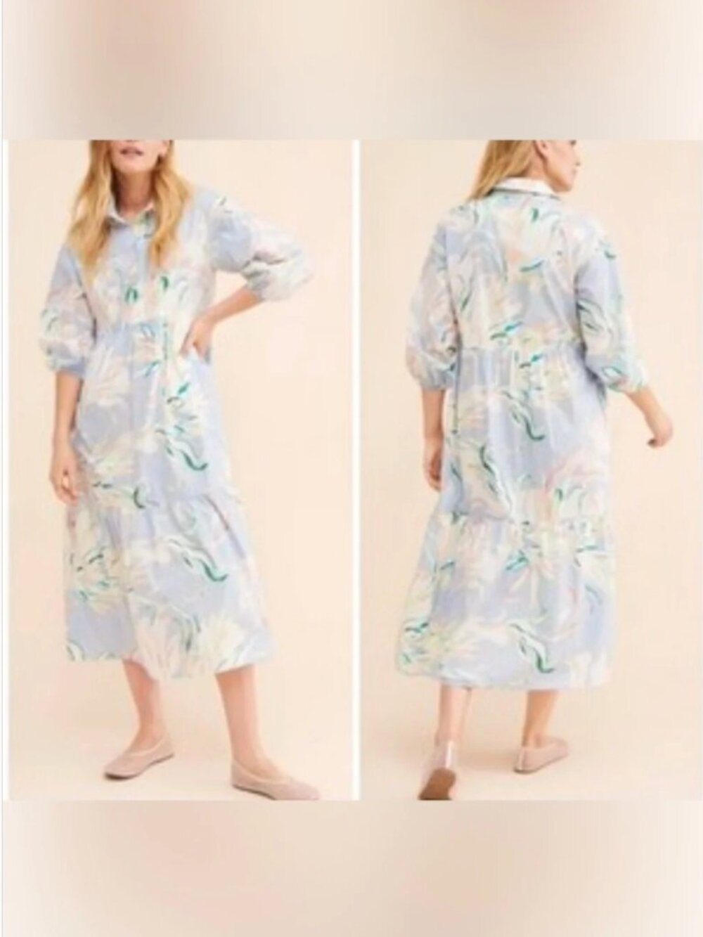 Anthropologie Maeve Bettina Cotton Blue White Midi Dress size L